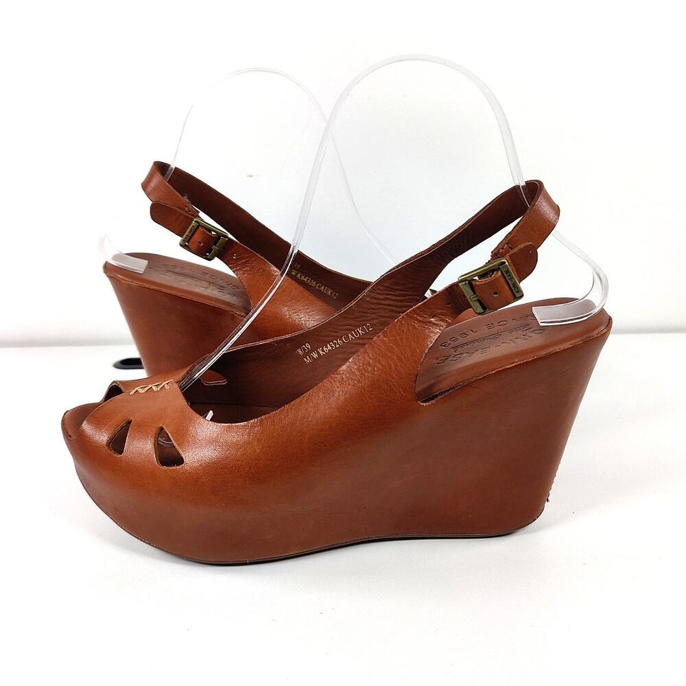 Kork-Ease Leather Platform Wedge Slingback Comfort Sandals Cognac US 8 EU 39